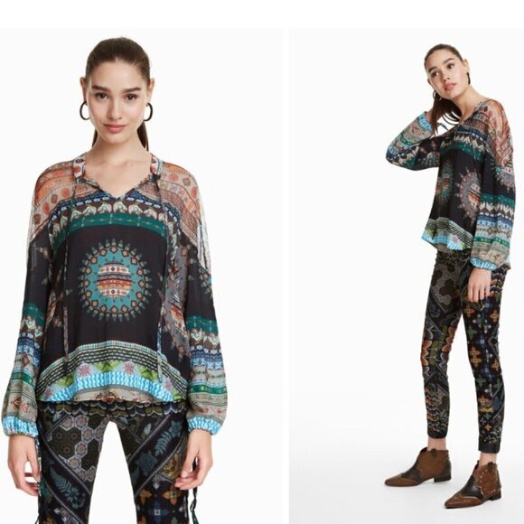 Desigual Roberta Boho Sheer Peasant Tunic  Blouse Top sz M - Picture 1 of 8